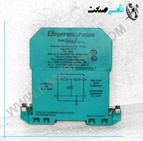 Z715, Z715,Z71,Z7,Z, ,نامی صنعت,تجهیزات صنعتی برق صنعتی,namisanat,نامی صنعت,تجهیزات صنعتی,نمایندگی فروش سایر برند ها,نمایندگی فوش ایر برند های ABB,IFM,ind.power,برق صنعتی ,ind,power,برق, صنعتی ,relay,رله,Zener Barrier Z715,1-channel DC version, positive polarity, Working voltage 13 V at 10 µA, Series resistance max. 107 Ω, Fuse rating 100 mA, DIN rail mounting,General specifications, Type DC version, positive polarity, Electrical specifications, Nominal resistance 100 Ω, Series resistance max. 107 Ω, Fuse rating 100 mA, Hazardous area connection, Connection terminals 1, 2, Safe area connection, Connection terminals 7, 8, Working voltage, Supply loop max. 13.3 V,Measurement loop max. 13 V at 10 µA, Conformity, Degree of protection IEC 60529, Ambient conditions, Ambient temperature -20 ... 60 °C (-4 ... 140 °F), Storage temperature -25 ... 70 °C (-13 ... 158 °F), Relative humidity max. 75 % , without condensation, Mechanical specifications, Degree of protection IP20, Connection screw terminals, Core cross-section max. 2 x 2.5 ... mm2, Mass approx. 150 g, Dimensions 12.5 x 115 x 110 mm (0.5 x 4.5 x 4.3 inch), Construction type modular terminal housing , see system description, Mounting on 35 mm DIN mounting rail acc. to EN 60715:2001,