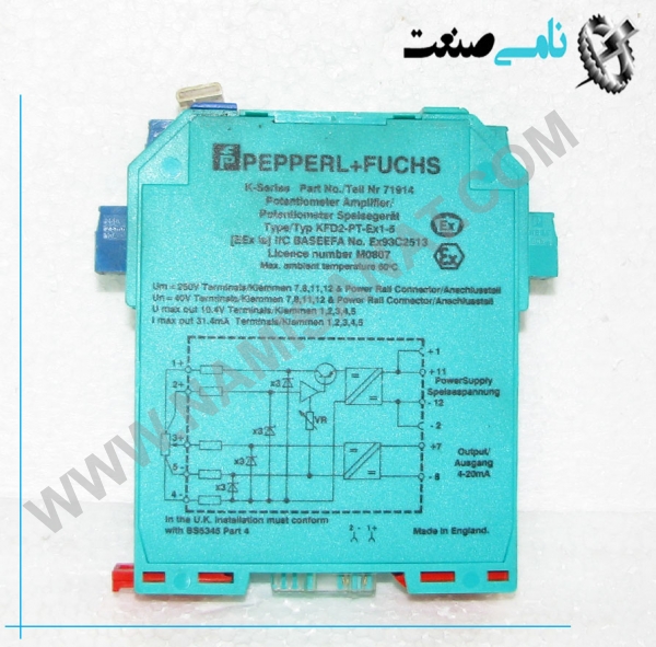 KFD2-PT.EX1-5, , 24 V DC supply (Power Rail) • Potentiometer input,KFD2-PT.EX1-5,KFD2-PT.EX1-,KFD2-PT.EX1,KFD2-PT.EX,KFD2-PT.E,KFD2-PT.,KFD2-PT,KFD2-P,KFD2-,KFD2,KFD,KF,k,K, ,Current output 4 mA ... 20 mA ,Lead resistance compensation adjustment ,Accuracy 0.05 % ,Up to SIL 2 acc. to IEC 61508, 1 N/C contact, ,نامی صنعت,تجهیزات صنعتی برق صنعتی,namisanat,نامی صنعت,تجهیزات صنعتی,نمایندگی فروش سایر برند ها,نمایندگی فوش ایر برند های ABB,IFM,ind.power,برق صنعتی ,ind,power,برق ,صنعتی ,This isolated barrier is used for intrinsic safety applications. It provides the source voltage to a potentiometer and transfers its wiper position from hazardous areas to safe areas. It then converts the signal to a 4 mA ... 20mA current output. The unit can be used in a 3-, 4-, or 5-wire configuration depending on the required measurement accuracy. Terminals 2 and 5 are used as the sense line for the potentiometer lead resistance compensation in a 5-wire configuration. The barrier’s potentiometer can be used to compensate for lead resistance up to 5 % of the hazardous area potentiometer value,Signal type Analog input Functional safety related parameters Safety Integrity Level (SIL) SIL 2 Supply Connection Power Rail or terminals 11+, 12- Rated voltage Ur 20 ... 35 V DC Ripple within the supply tolerance Power dissipation 1 W Power consumption 1.3 W Input Connection side field side Connection terminals 4-, 5-, 3+, 2+, 1+ Potentiometer Types of measuring 3-, 4-, 5-wire technology Nominal resistance 800 Ω to 100 kΩ Supply voltage approx. 4.7 V Lead resistance 5 % of the potentiometer resistance (adjustable) Output Connection side control side Connection terminals 7-, 8+ Current output 4 ... 20 mA, load ≤1 kΩ Transfer characteristics Accuracy 0.05 % Deviation Linearity ± 10 µA Influence of ambient temperature ≤ 1 µA/K Rise time 10 to 90 % ≤ 8 ms; 10 to 90 % within 1 % of span ≤ 25 ms Galvanic isolation Output/power supply functional insulation, rated insulation voltage 50 V AC Indicators/settings Control elements potentiometer Configuration via potentiometer Directive conformity Electromagnetic compatibility, Directive 2014/30/EU EN 61326-1:2013 (industrial locations) Conformity, Electromagnetic compatibility NE 21:2006, Degree of protection IEC 60529:2001, Protection against electrical shock UL 61010-1, Ambient conditions, Ambient temperature -20 ... 60 °C (-4 ... 140,, °F) Mechanical specifications Degree of protection IP20, Connection screw terminals, Mass approx. 120 g, Dimensions 20 x 107 x 115 mm (0.8 x 4.2 x 4.5 inch) , housing type B1 Mounting on 35 mm DIN mounting rail acc. to EN 60715:2001,