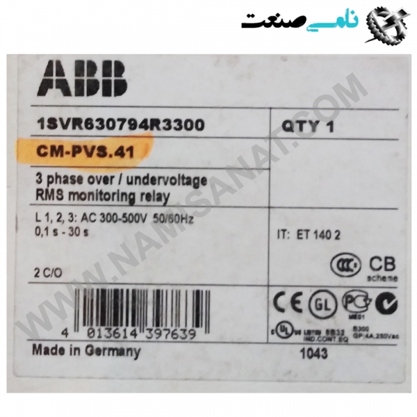 1SVR630794R3300/CM-PVS.41, واردات قطعات ,PEPERL FUCHS نامی صنعت,تجهیزات صنعتی,نمایندگی فروش سایر برند ها,نمایندگی فوش ایر برند های ABB,NAMISANAT,IFM,پترو شیمی ,فولاد,شرکت بازرگانی,نامی ,صنعت, سسایر سیستم ها,سیستم ها ,وکانکتور,مانیتور  ind.electronics,الکترونیک صنعتی,Encoders MEASUREMENT ,&INSTRUMENT,اندازه گیری و ابزار دقیق ind.power,برق صنعتی , Induction welding,,جوش القایی, hydraulic-pneumatic,,هیدرولیک  1SVR630794R3300,CM-PVS.41,1SVR630794R3300,CM-PVS.4,1SVR630794R3300,CM-PVS.,1SVR630794R3300,CM-PVS,1SVR630794R3300,CM-PV,1SVR630794R3300,CM-P,1SVR630794R3300,CM-,1SVR630794R3300,CM,1SVR630794R3300,C,1SVR630794R3300,,1SVR630794R3300,1SVR630794R330,1SVR630794R33,1SVR630794R3,1SVR630794R,1SVR630794,1SVR63079,1SVR6307,1SVR630,1SVR63,1SVR6,1SVR,1SV ABB,RELAY,IND.POWER,OTHER RELAY,RELAY MONITORING,NAMISANAT.CO,https:,,www.namisanat.com,per,,CT-ARE Time relay, true OFF-delay,CM-PVS.41 Three-phase monitoring relay 2c,o, 0,0.1-30s, L1-L2-L3=3x300-500VAC,Three-phase monitoring relay ,Electronic Relays and Controls, ای بی بی,رله ای بی بی,برق صنعتی,سایررله ها,رله مانیتورینگ سه فاز,رله زمان,رله ها و کنترل های الکترونیکی,رله مانیتورینگ