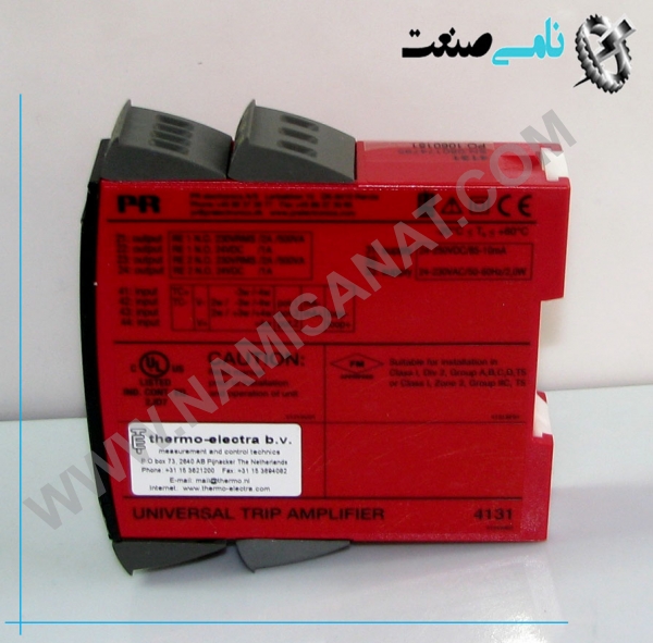 PR 4131, PR 4131,PR 413,PR 41,PR 4,PR,P,PR-4131,PR/4131,PR.4131,PR4131, ,نامی صنعت,تجهیزات صنعتی برق صنعتی,namisanat,نامی صنعت,تجهیزات صنعتی,نمایندگی فروش سایر برند ها,نمایندگی فوش ایر برند های ABB,IFM,ind.power,برق صنعتی ,RELAY,رله,process callibration relay simulation password protection error diagnostics programmable detachable display 4501 Mounting: 	DIN rail (35mm) Input: 	RTD: - 200 ÷ 850ºC TC: -200 ÷ 2300ºC Lin R: 0 ÷ 10kΩ Potm: 10Ω ÷ 100kΩ mA: 0/4 ÷ 20mA  V: 0/0.2 ÷ 1, 0/1 ÷ 5, 0/2 ÷ 10 VDC (12V) Output: 	2 x relays: 250VAC/2A (Setpoint, Window, Sensor error, Latch, Power and Off) Temperature Compensation:	for Internal CJC remember to order CJC connectors: 5910 (ch. 1) or 5930 (ch. 2) Supply Voltage: 	21.6 ÷ 253 VAC / 19.2 ÷ 300VDC Auxiliarry Supply (Term. 44..43): 	25 ÷ 16 VDC (2 - wire) / 0 ÷ 20 mA Accuracy:	±0.1% of span Isolation Voltage: 	2.3 kVAC Response Time:	temperature: ≤ 1sec mA/V: ≤ 400ms Ambient Temperature: 	-20 ÷ 60ºC Programming: 	 PR4501 display, LCD, 4 lines , Protection Class: 	 IP20 , Dimensions (H X W X D): 	 109 x 23.5 x 104 mm , Weight: 	 170gr  , Approvals:	 DNV (marine), UM, FL,